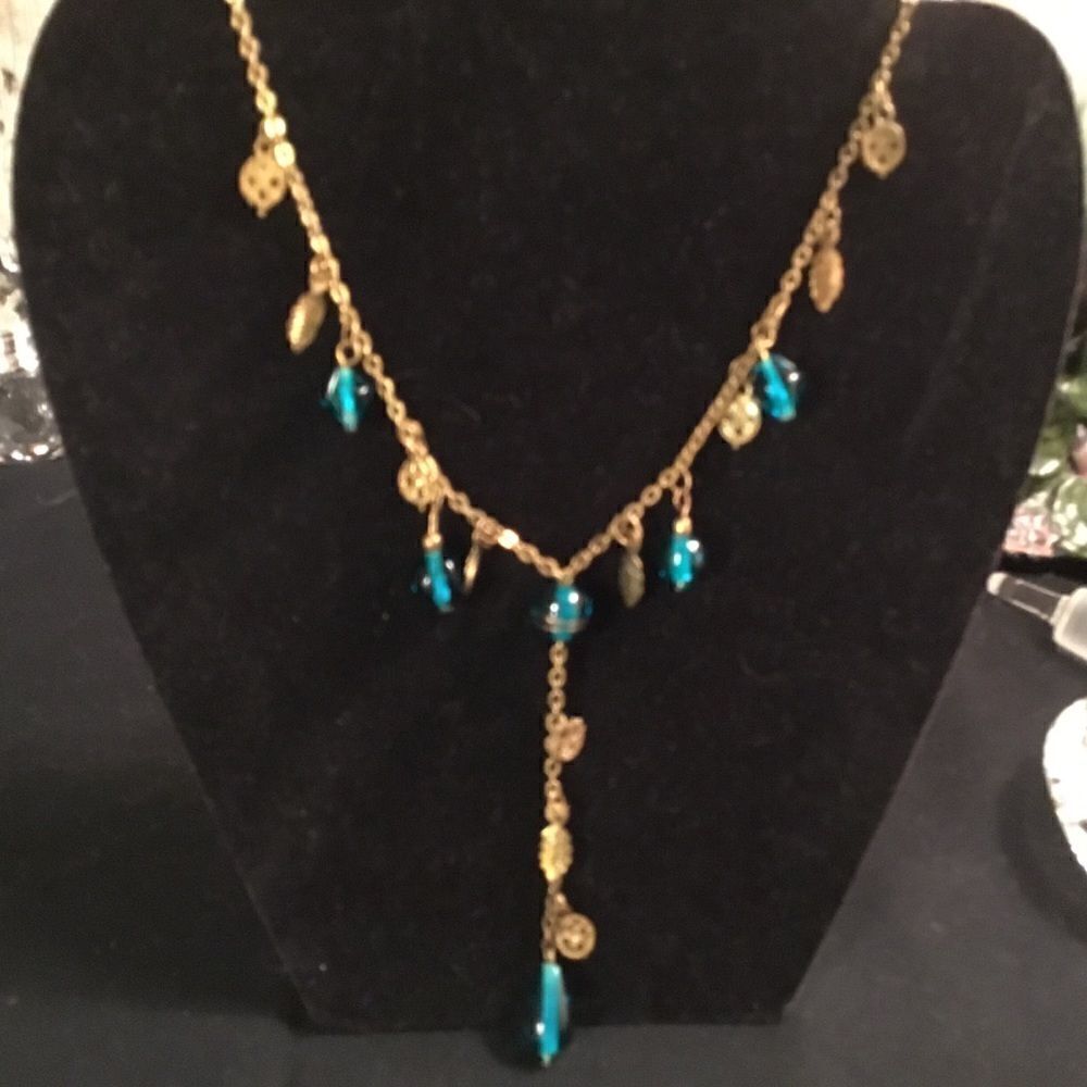 Adjustable Brass Toned Blue Bead Necklace